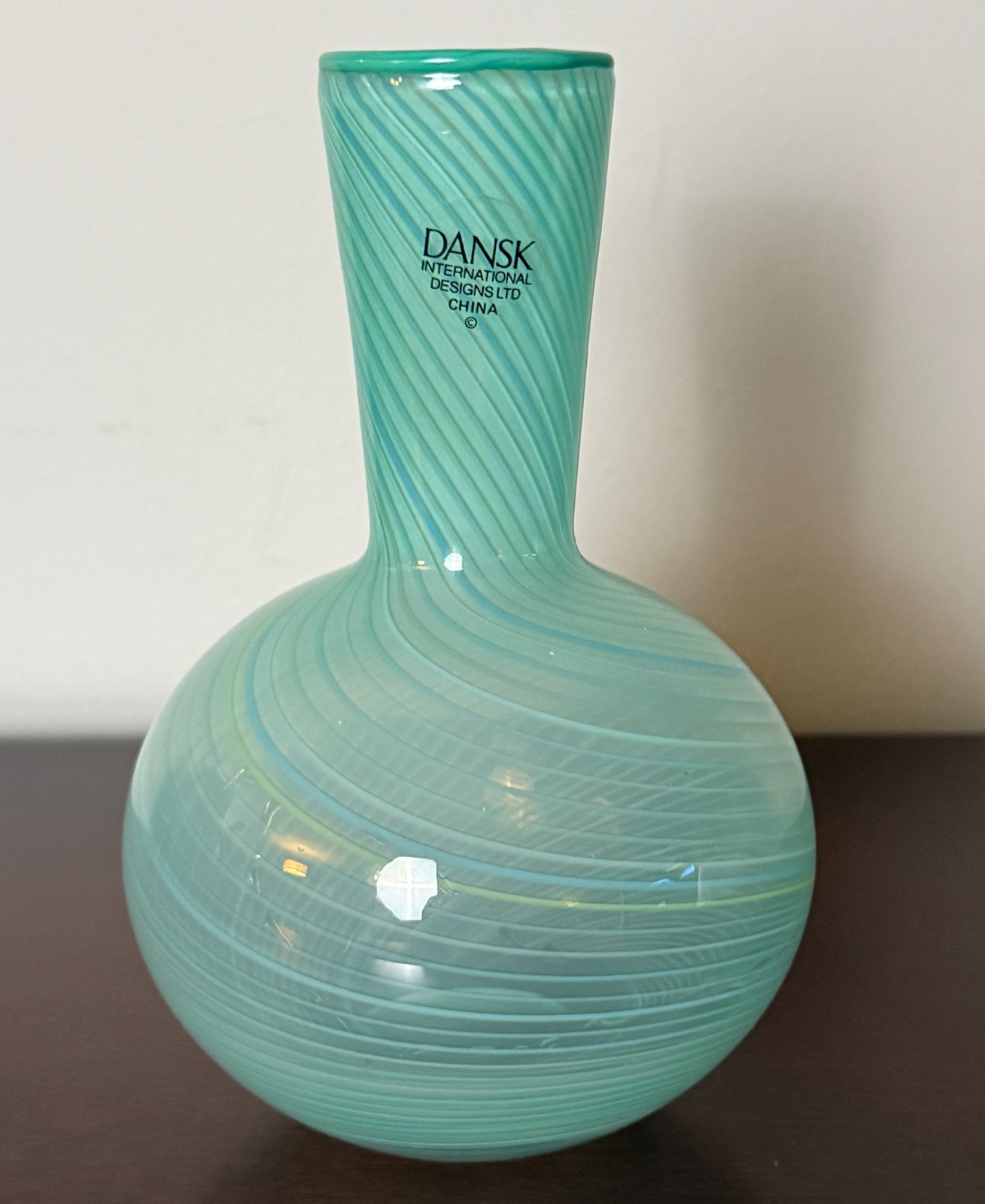 Dansk International 1970 Mezza Filigrana Turquoise Mint Swirl Art Glass Bud Vase
