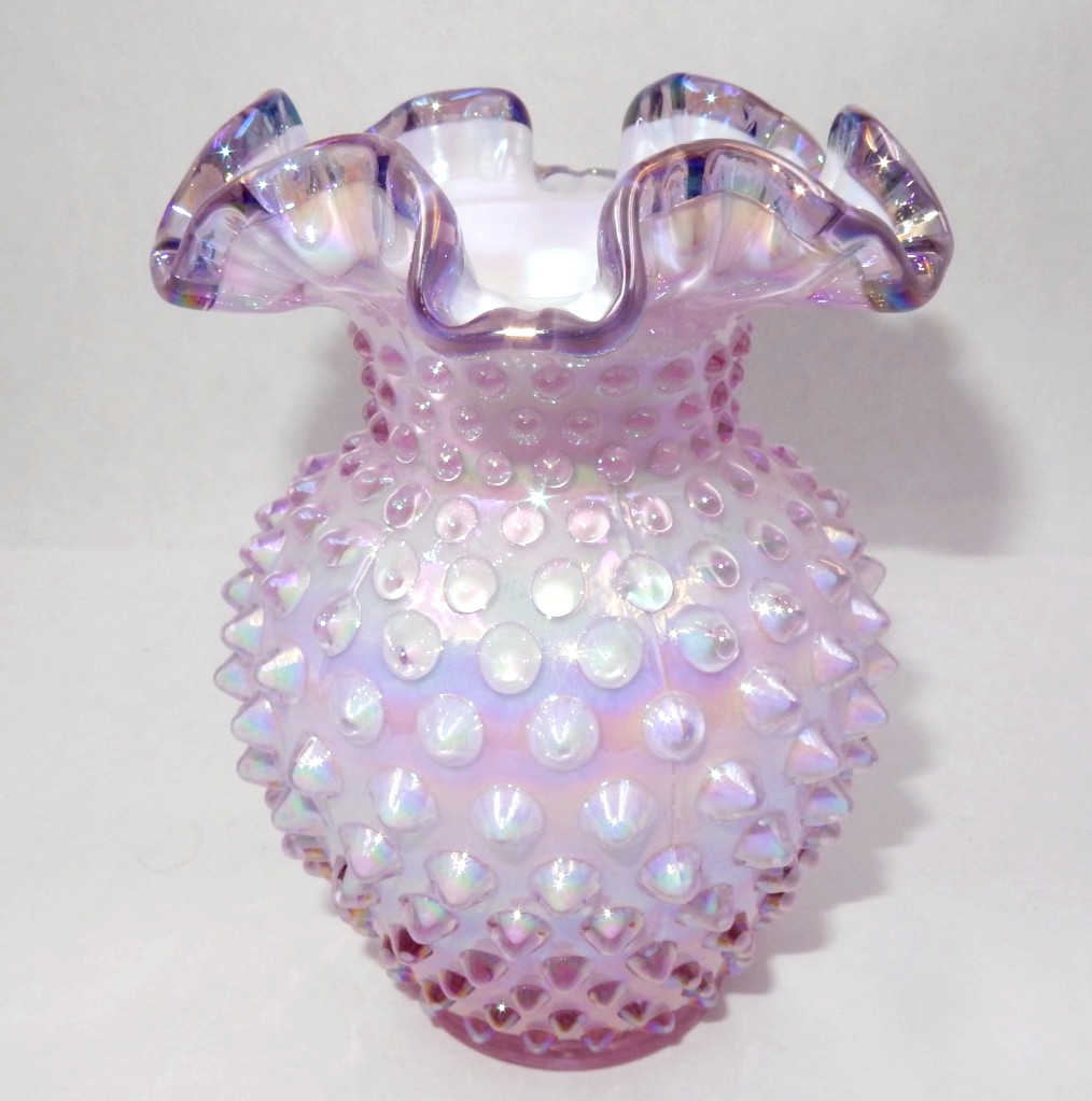 FENTON HOBNAIL VIOLET OPALESCENT IRIDIZED RUFFLED EDGE 5-3/4″ VASE CHIFFON PINK