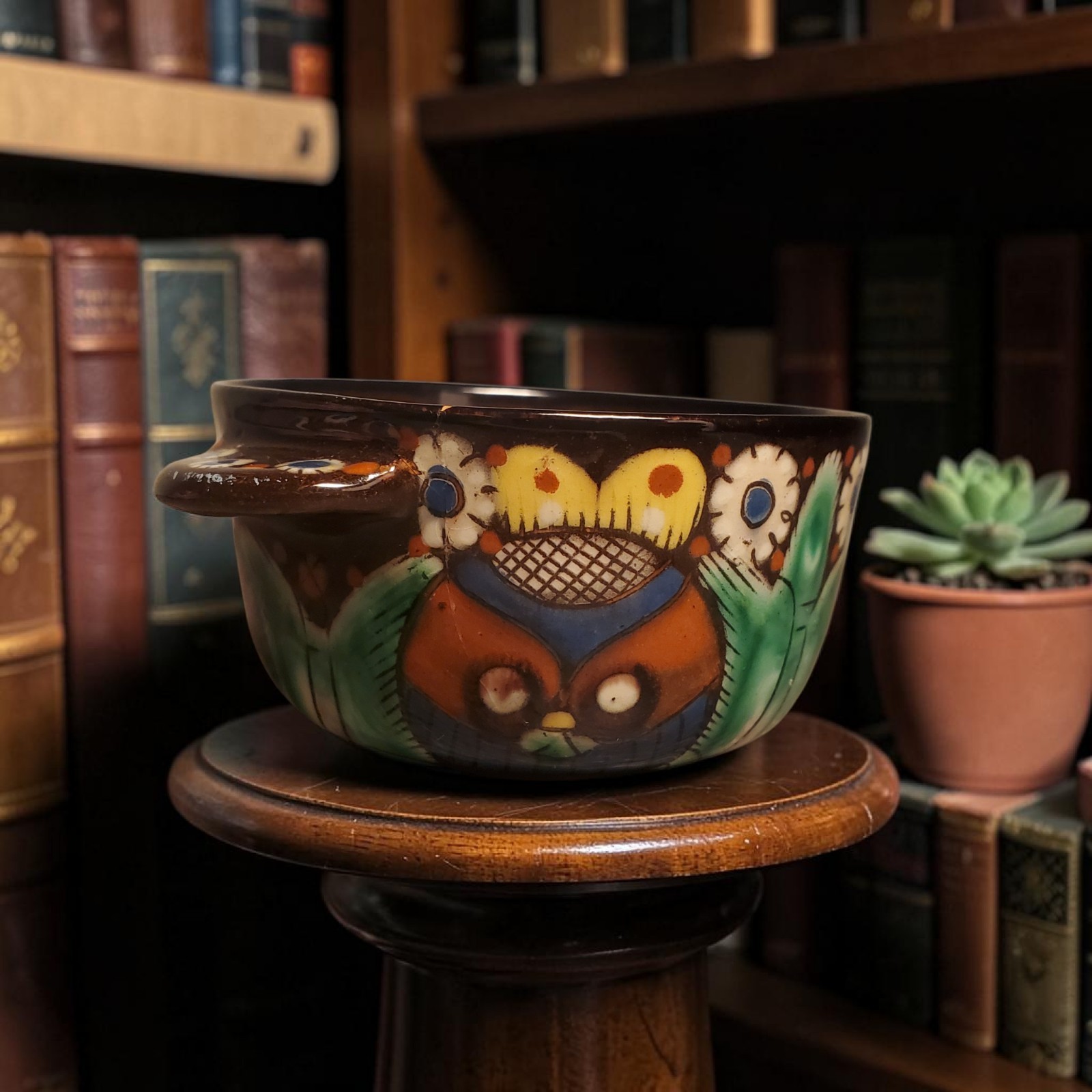 SWISS THOUNE Piccola Majolica Chrutmuster Owl Bowl SWITZERLAND 1920 ANTIQUE 4.5″