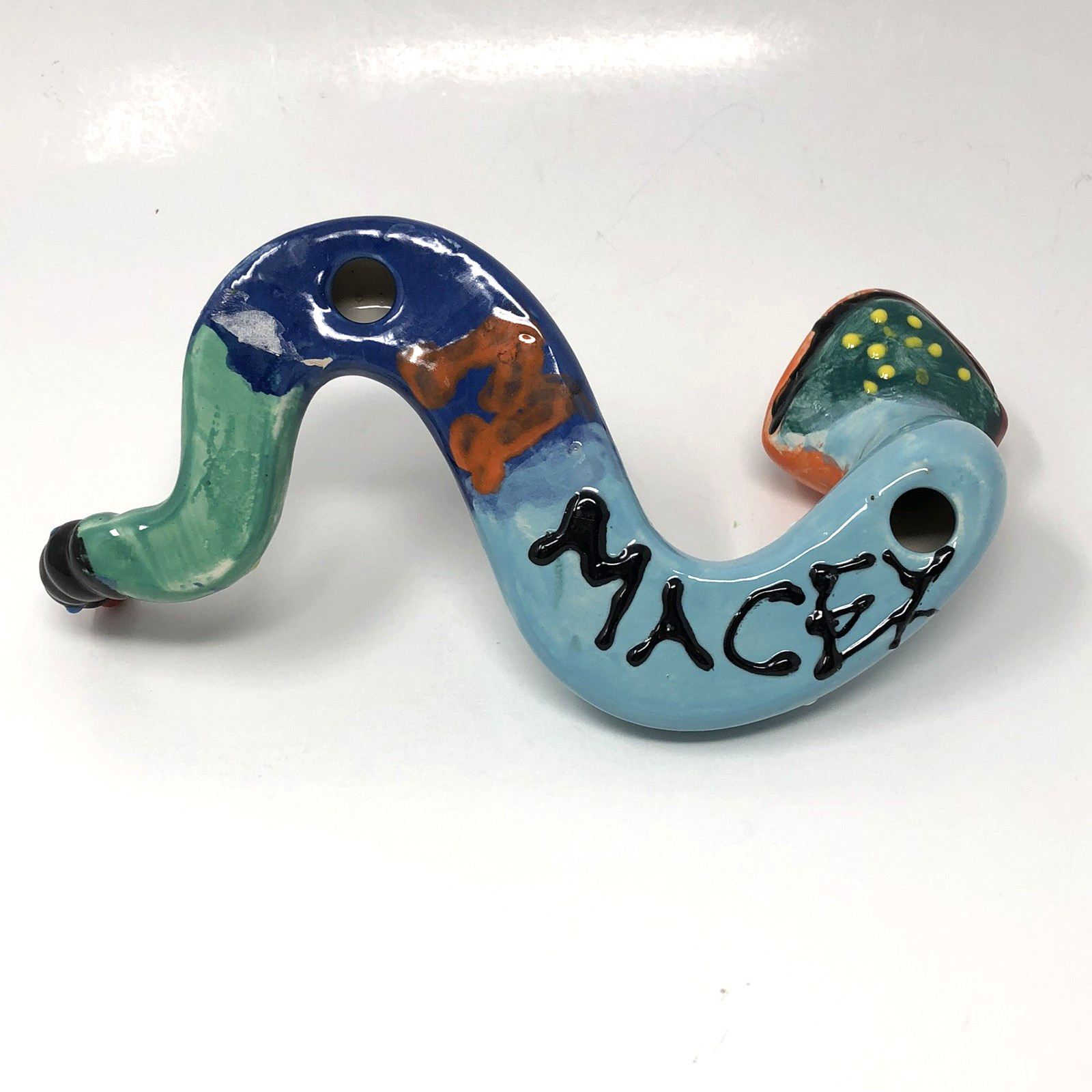 Ceramic Snake Figurine Whimsical Hand Painted Hobby Colorful Unique Signed 9.5″
