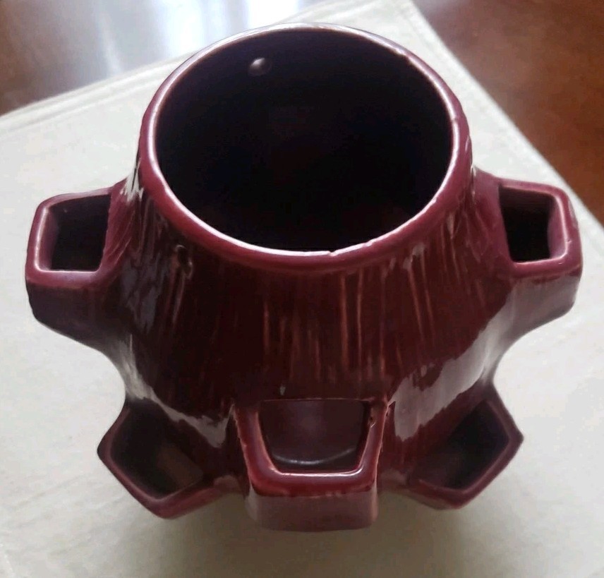 McCoy Vintage 1950s Pottery Maroon Strawberry Pot Hanging Basket Planter