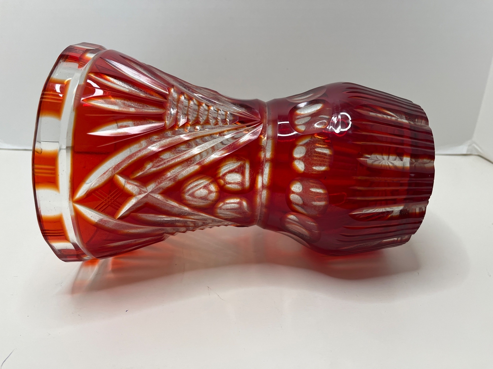 Ruby Red Cranberry Heavy Large Cut Crystal Vase Made in Brazil 8 3/4″