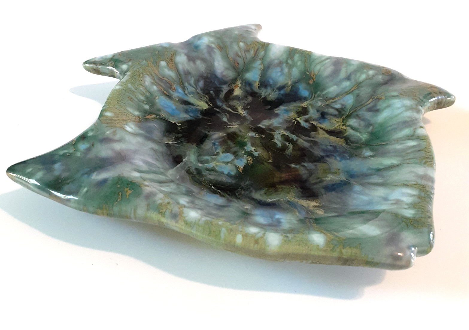 Vintage Monterey Jade Handmade Fish Trinket Dish Ashtray Green Gold Blue Pottery