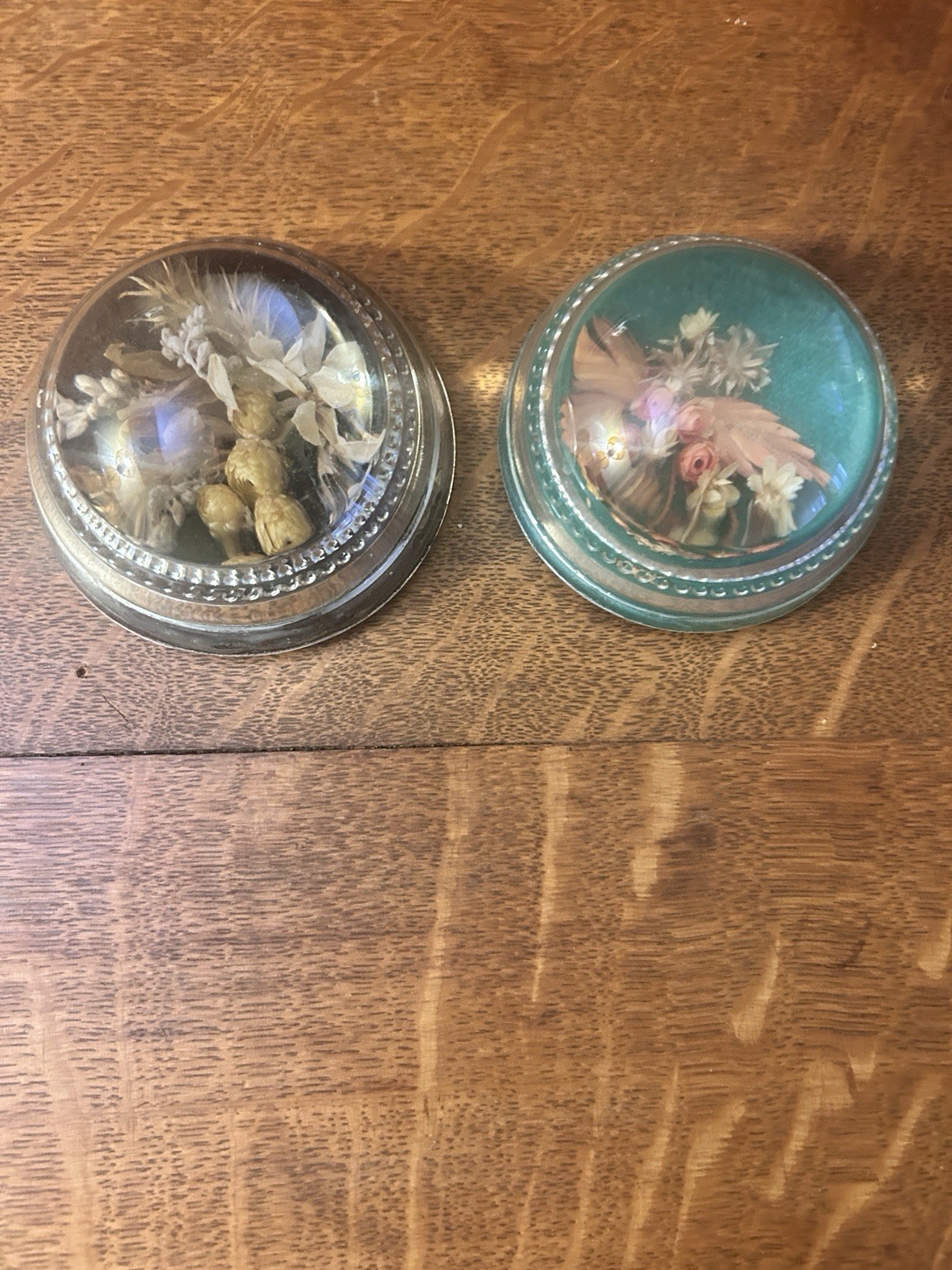 Two Vintage Domed Glass Mid 20th Century Paperweights Dried Florals Ex. Con
