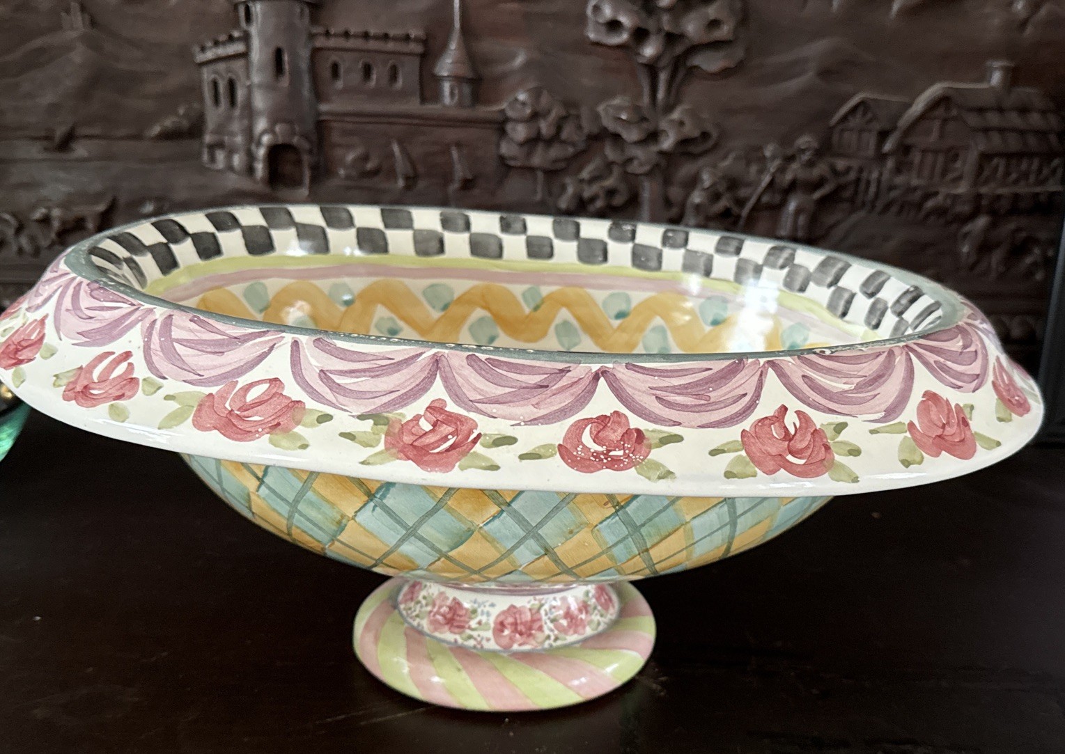 Mackenzie Childs ~ 16″ Taylor Ovation Pedestal Bowl in the Odd Fellows Pattern