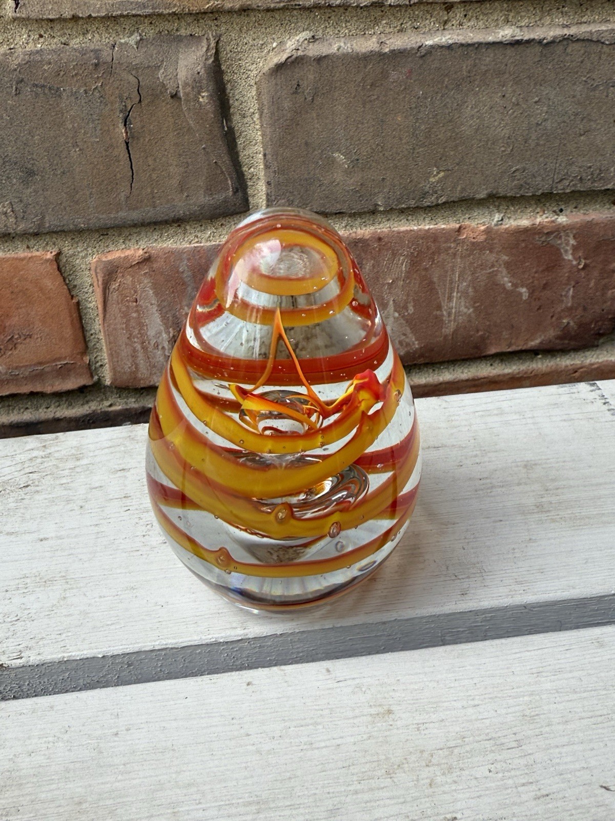 Vintage Art Glass Paperweight Clear w/orange and Yellow Stripes