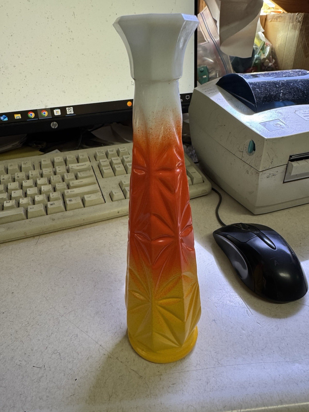 Beautiful 9” Milk Glass Vase Pained Orange And Yellow