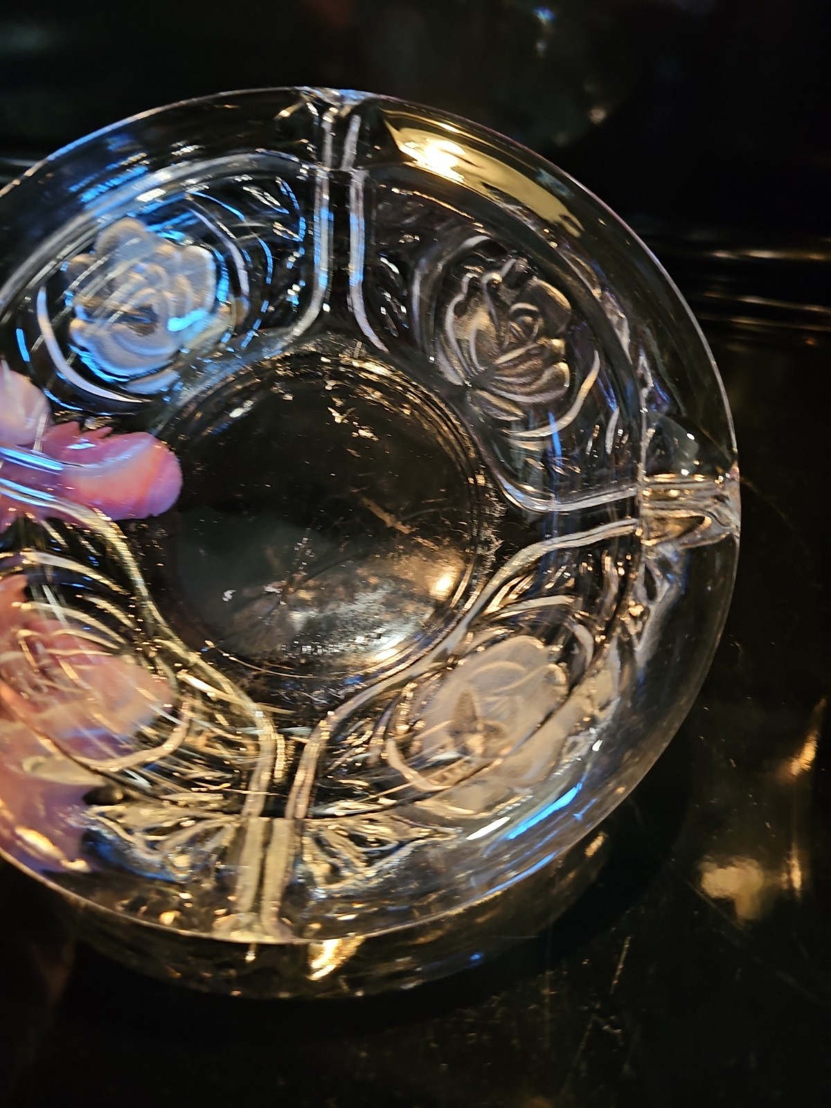 Vintage KIG Indonesia Ashtray Pressed Etched Glass Rose Pattern