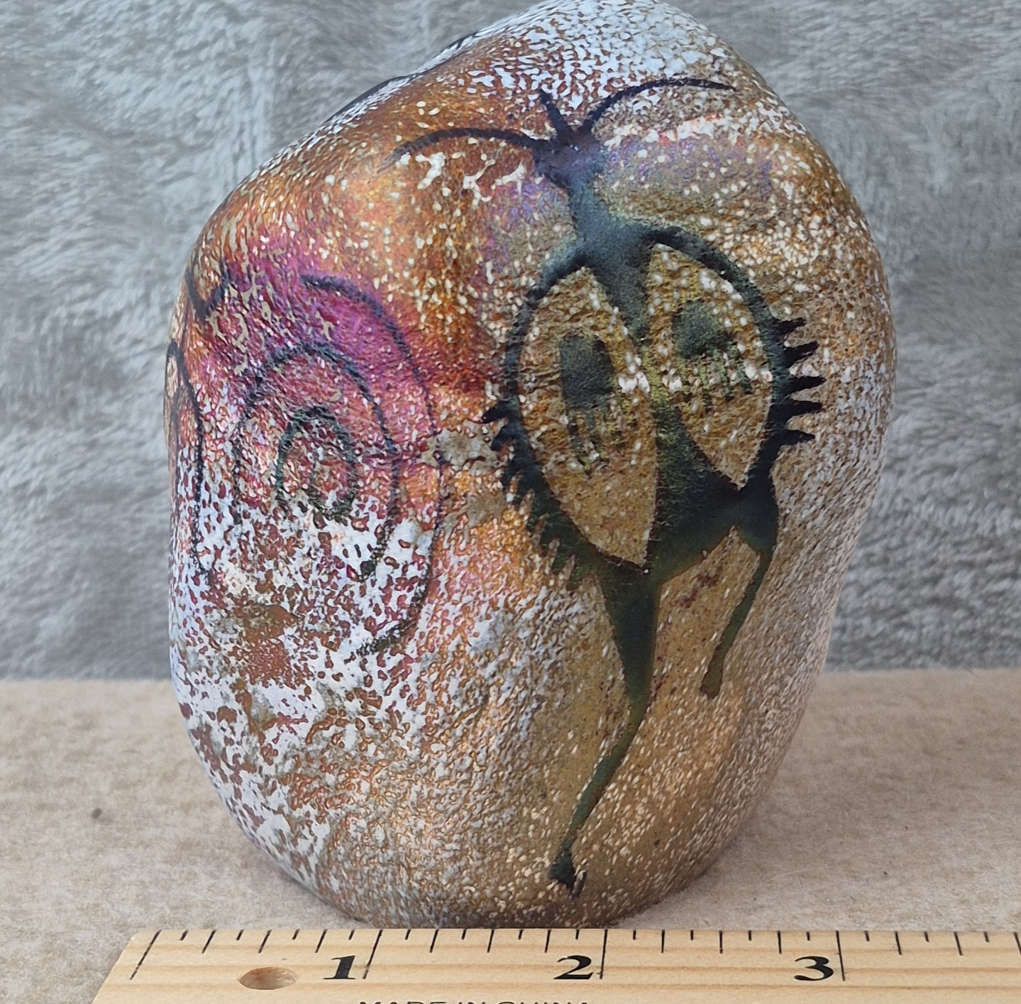 Richard Satava 1995 Hand Painted Petroglyph Art Glass Paperweight Tribal Signed