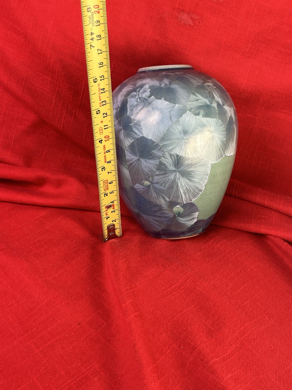 Crystalline Glaze Ceramic Art Pottery Vase Round Signed Blue Green Celadon Art