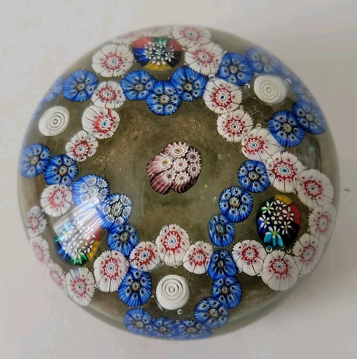 1970s Vintage Large Magnum Murano Double Trefoil Millefiori Glass Paperweight