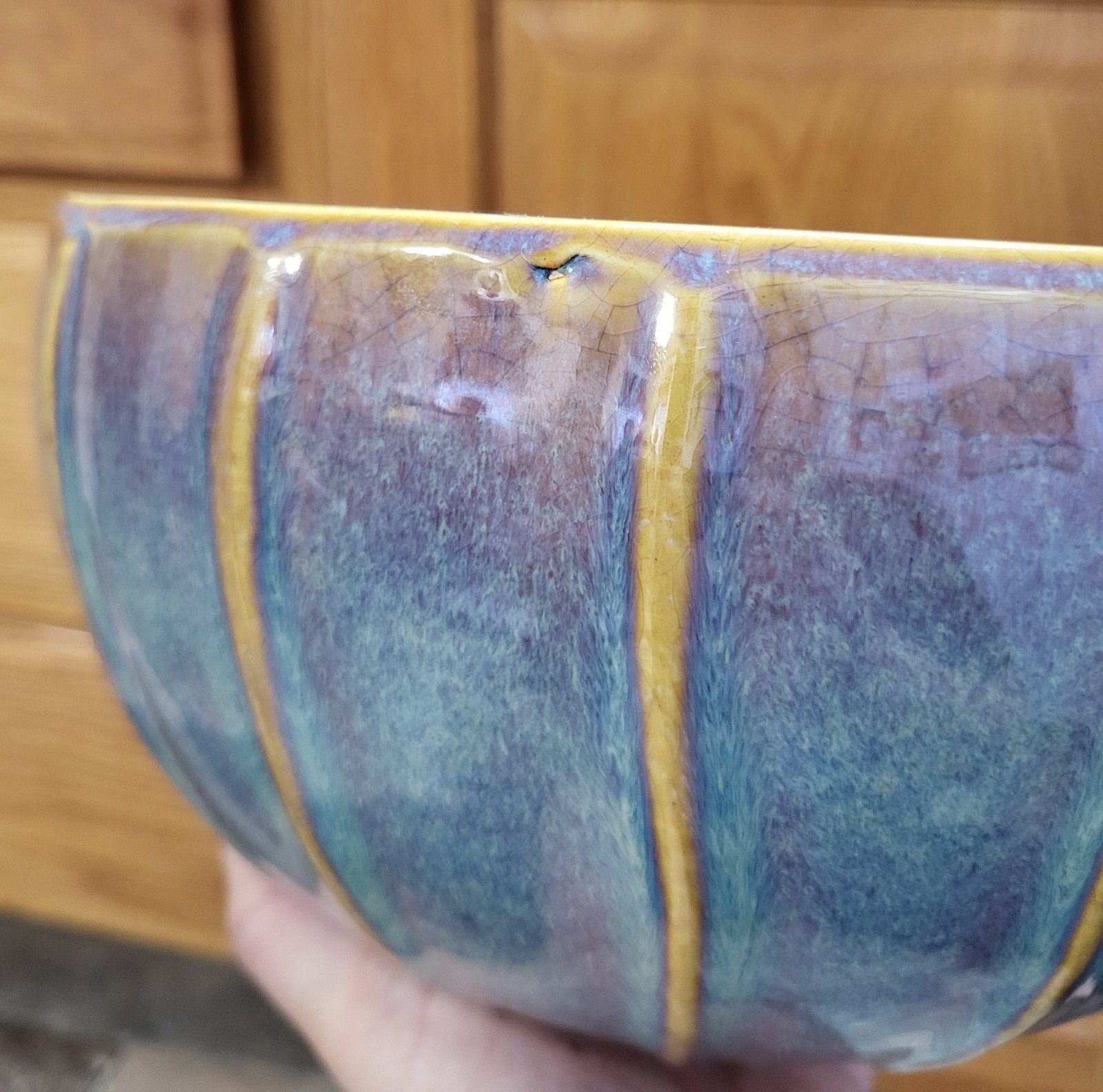 Large Glaze Pottery Bowl Planter Art Plant Pot Purple Blue 9.5″