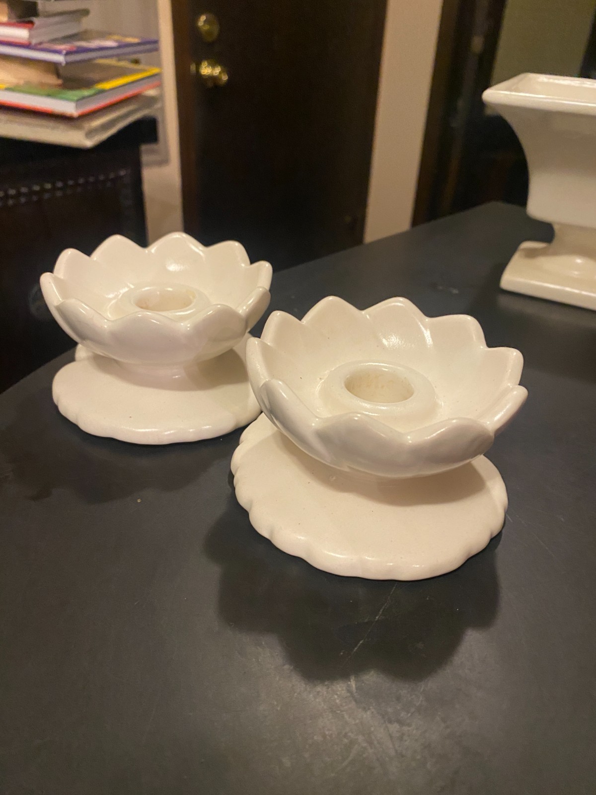 Pair Vtg Haeger Candle Candlestick Holders Lotus Flower White Creamy Ivory