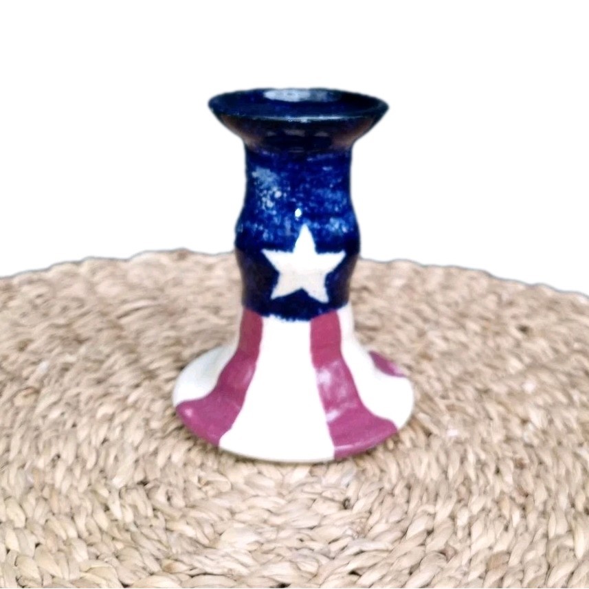 Hand Crafted Pottery Candle Stick Holder Patriotic Glaze Stars And Stripes