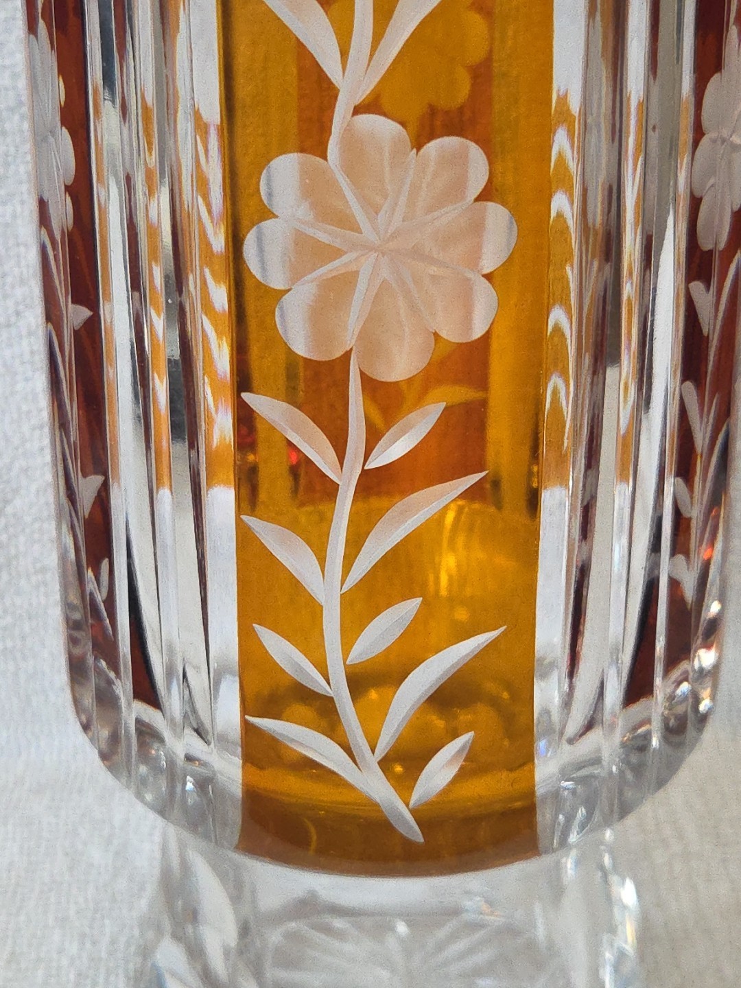 1960’s Huta Szkła Julia Yellow Amber Cut to Clear Crystal Vase Made in Poland