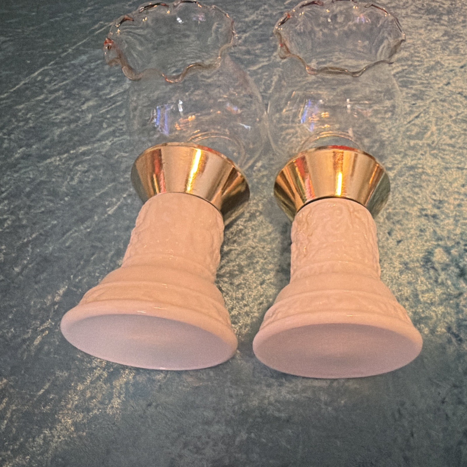 Pair/Set of 2 white & Clear Textured Glass Candle Holders, Clear Glass not pink