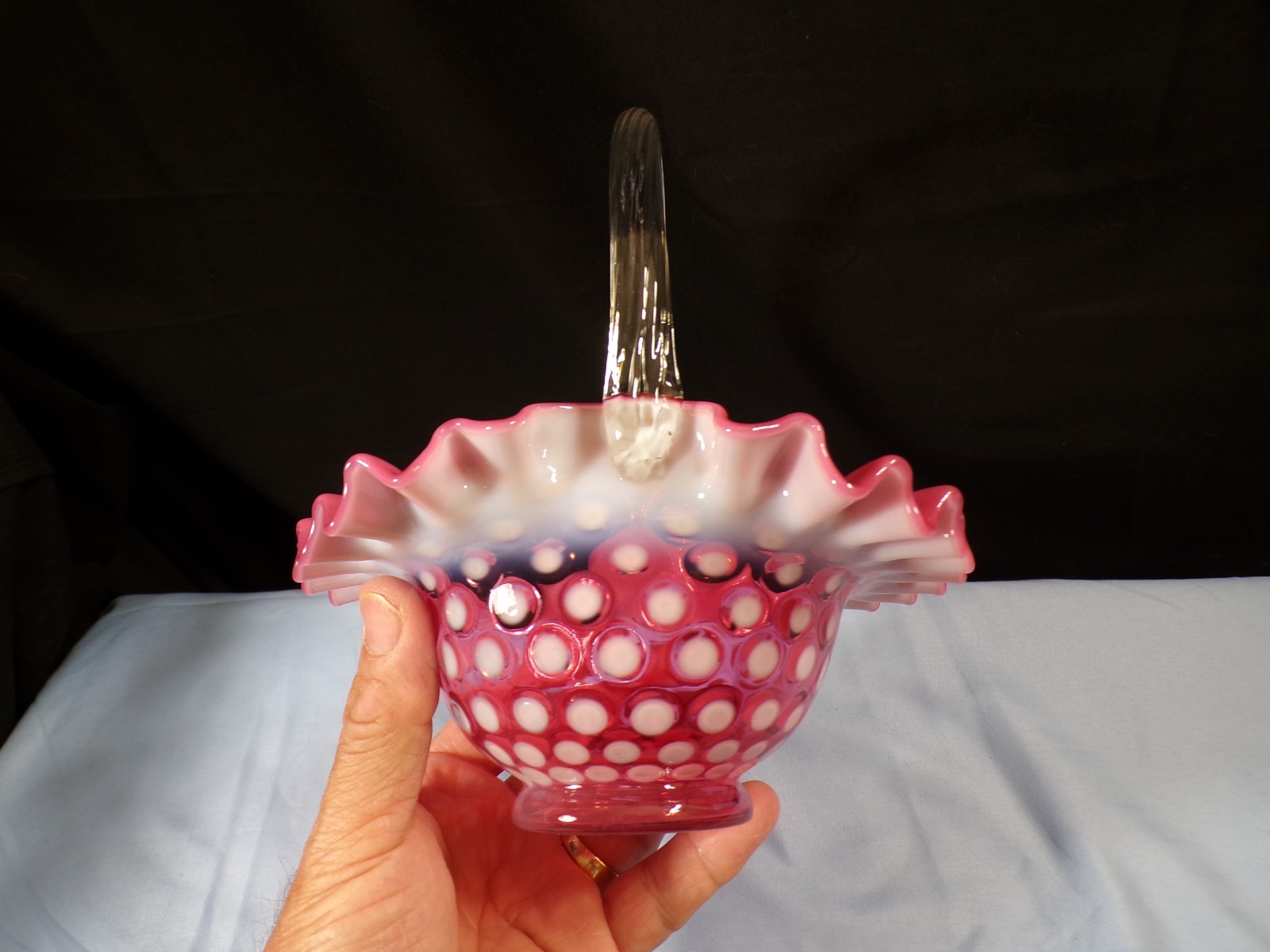 Fenton Cranberry Opalescent Glass Polka Dot Basket 7″ Tall INV2