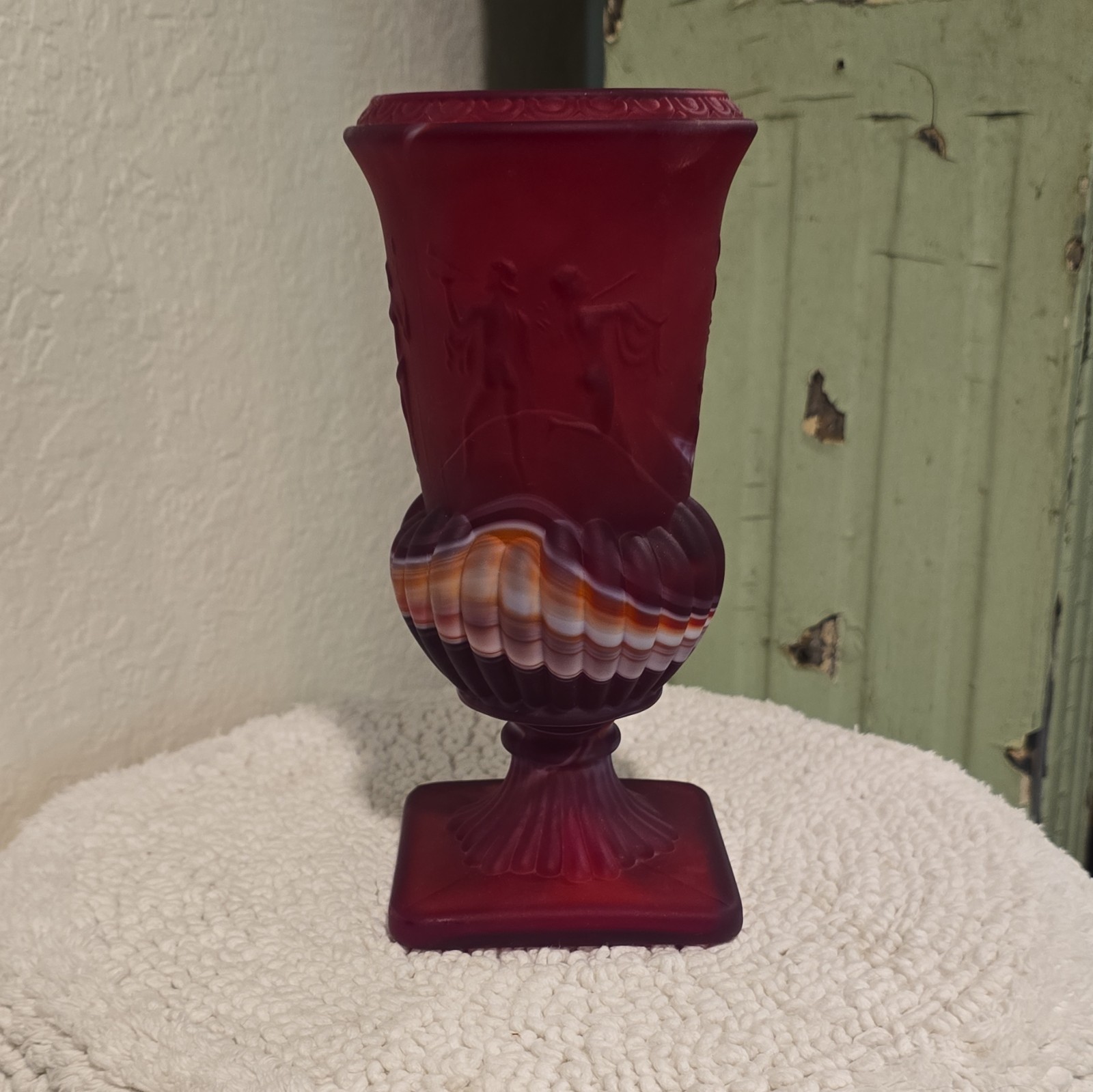 Vintage Imperial Glass Ruby Red Slag Glass Dancing Nymphs Urn Vase Grecian 8.5″
