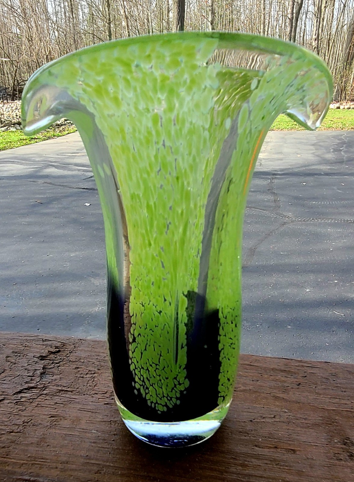 Heavy Hand Blown Art Glass Vase 8” Green Black Murano Style Flared Rim 2lb 11oz