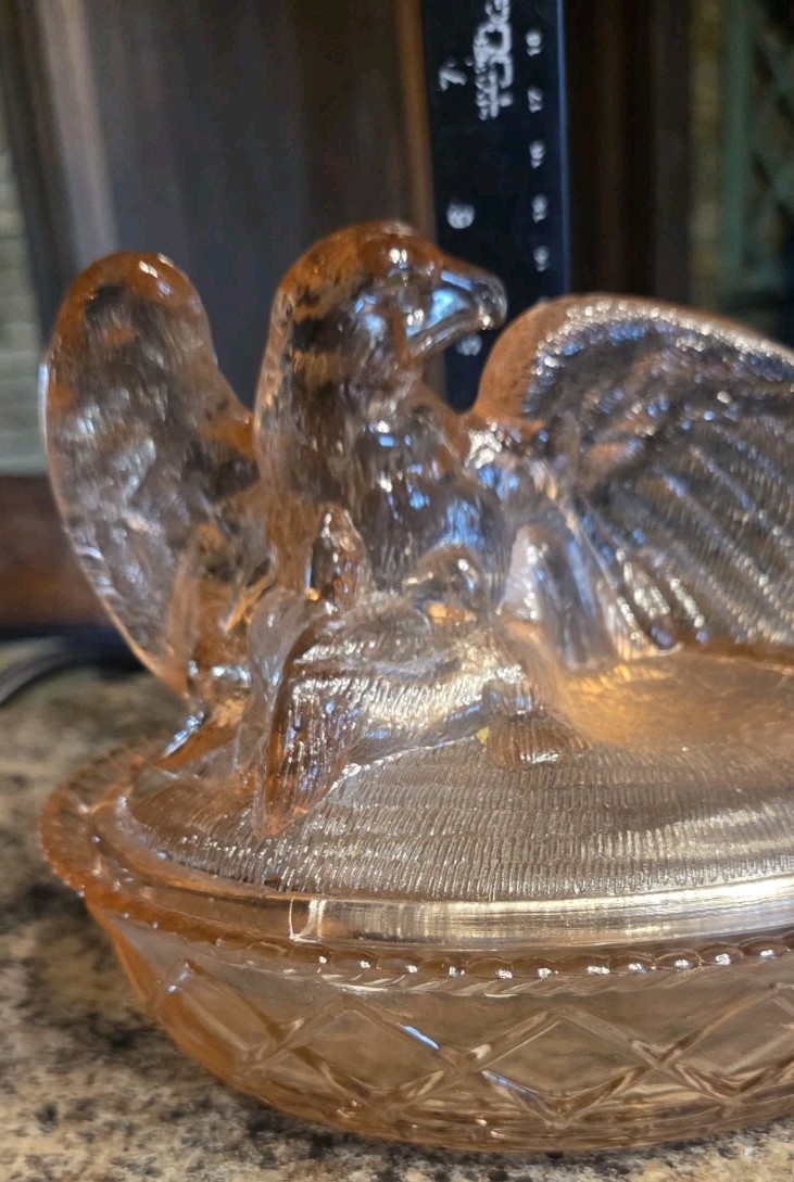 Vtg Westmoreland Nesting Eagle on Nest Basket Pink Glass 6×7.25×6 Candy Dish SEE