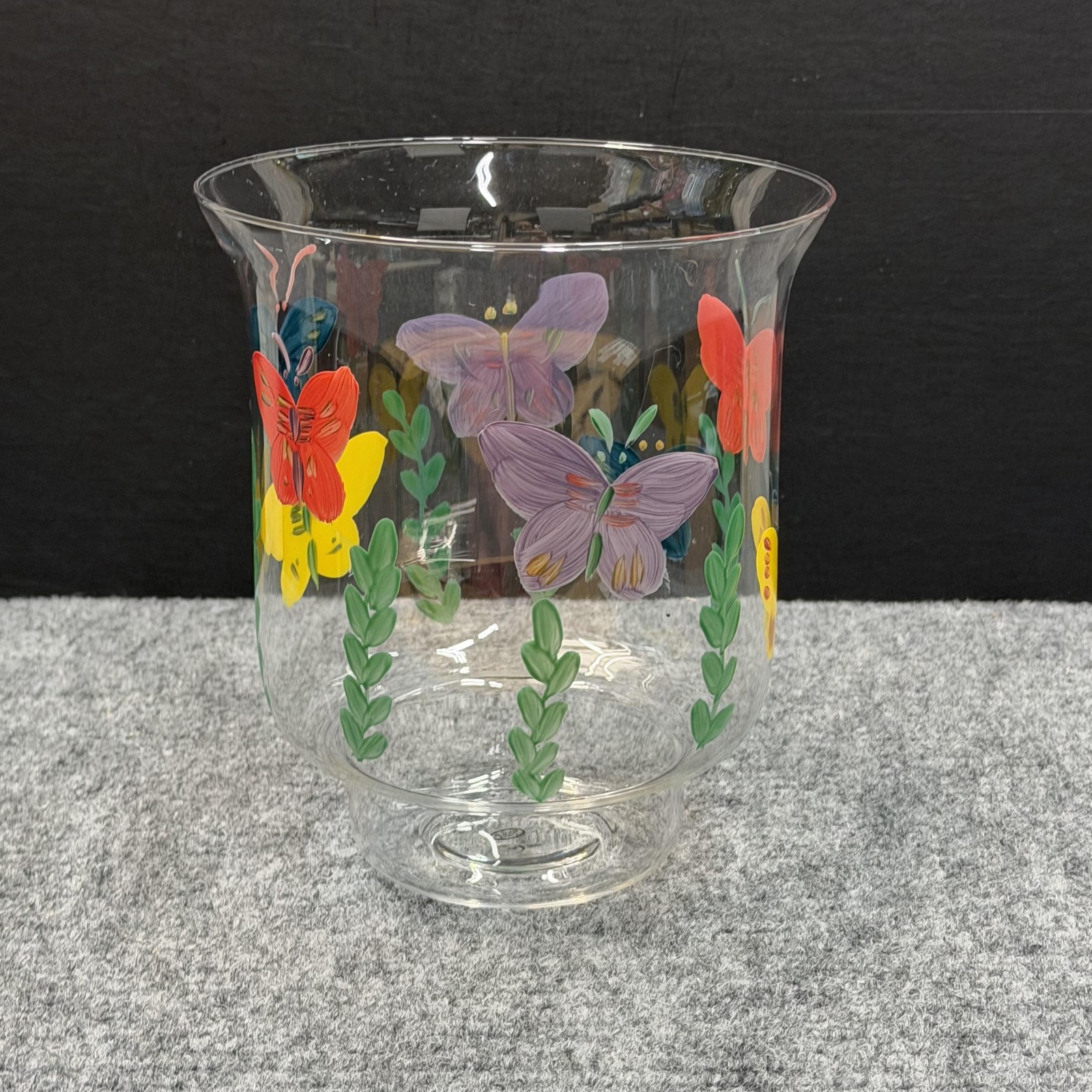 Hand Blown Glass Pillar Candle Holder 7″ Butterfly Handpainted Hurricane Style