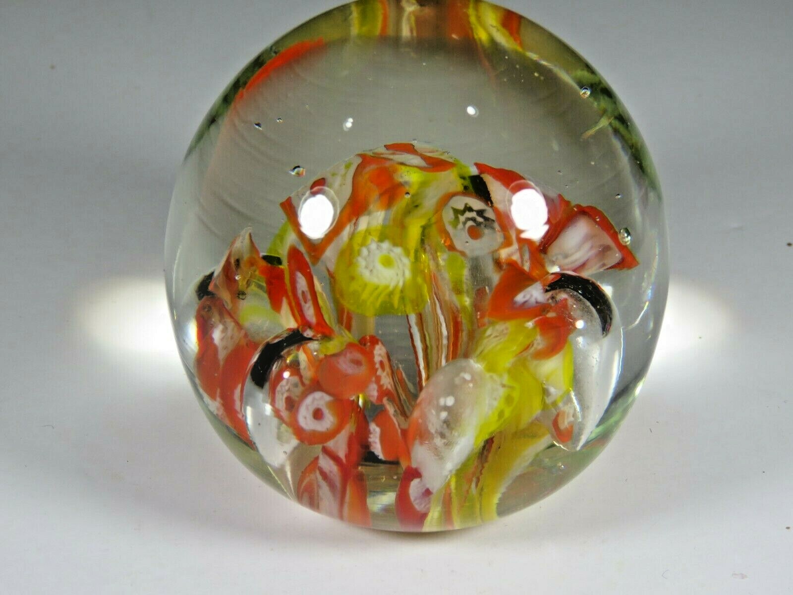 Art Glass Paperweight Vintage Hand Blown Round Colorful Flowers 2.75 dia. B6088