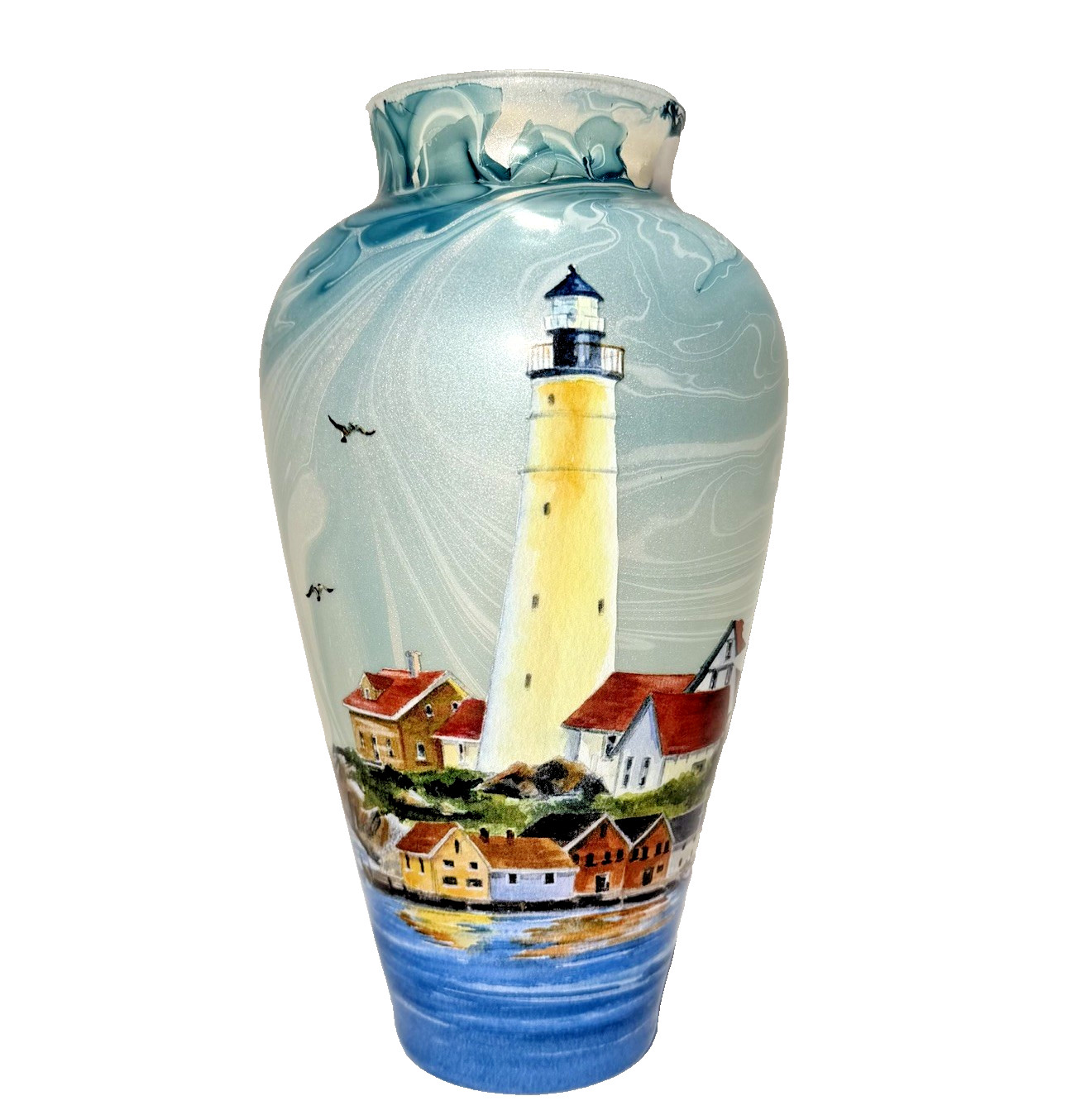 Lenox Hand-Painted Nautical Lighthouse Vase, Signed, 10” Tall, Rim Repair