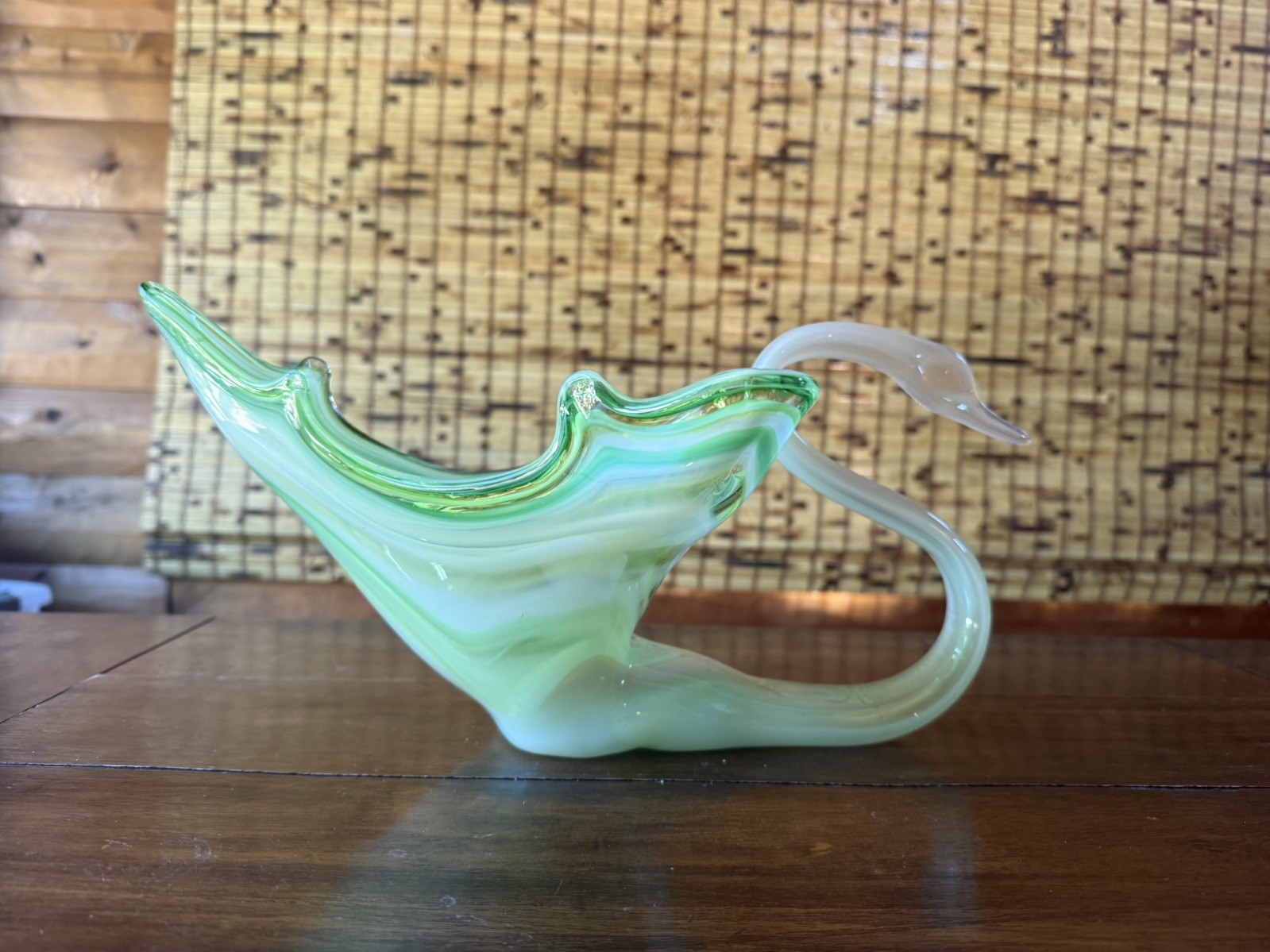 Vintage Art Glass Swan Bowl Green Murano Style Hand Blown Mid Century Decor