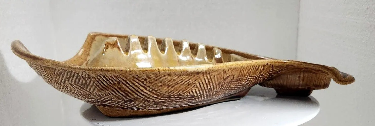 VTG CALIFORNIA ORIGINALS ART Pottery ASHTRAY YELLOW BROWN TAN MCM DECOR 12″