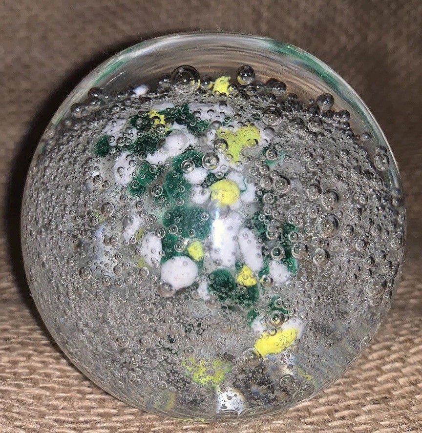 VTG Blown Glass CONTROLLED BUBBLES paperweight Yellow Green White Clear 2.75”Dia