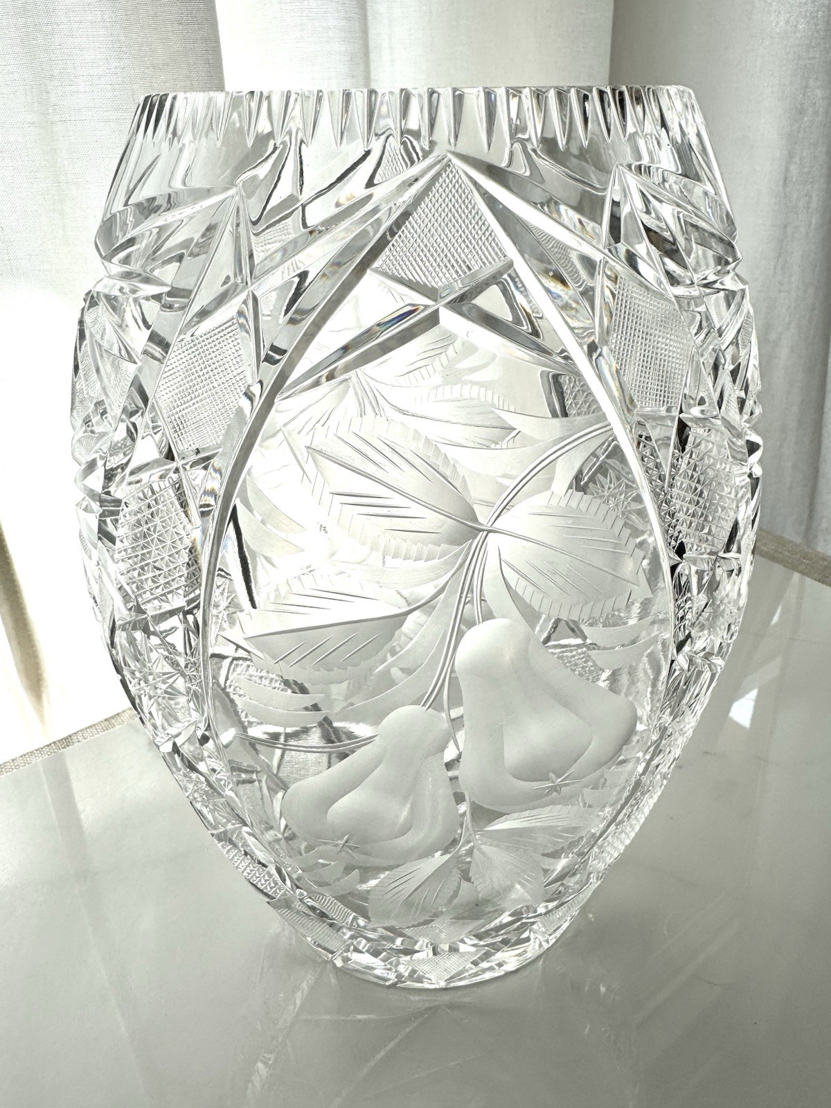 Vintage Heavy Cut Lead Crystal Vase Etched Pear Fruit Bohemian 10.5” Tall Europe