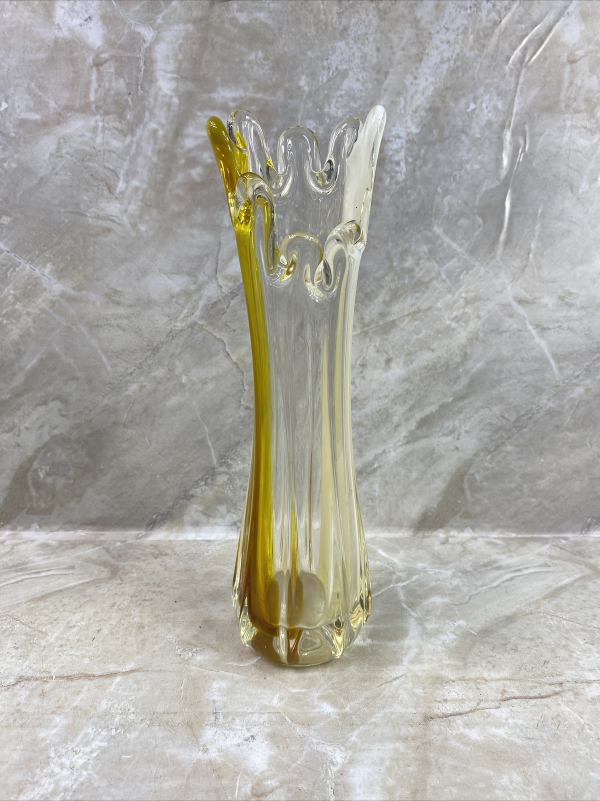 VTG MCM Swung Vase Yellow And White 9.5 Inches