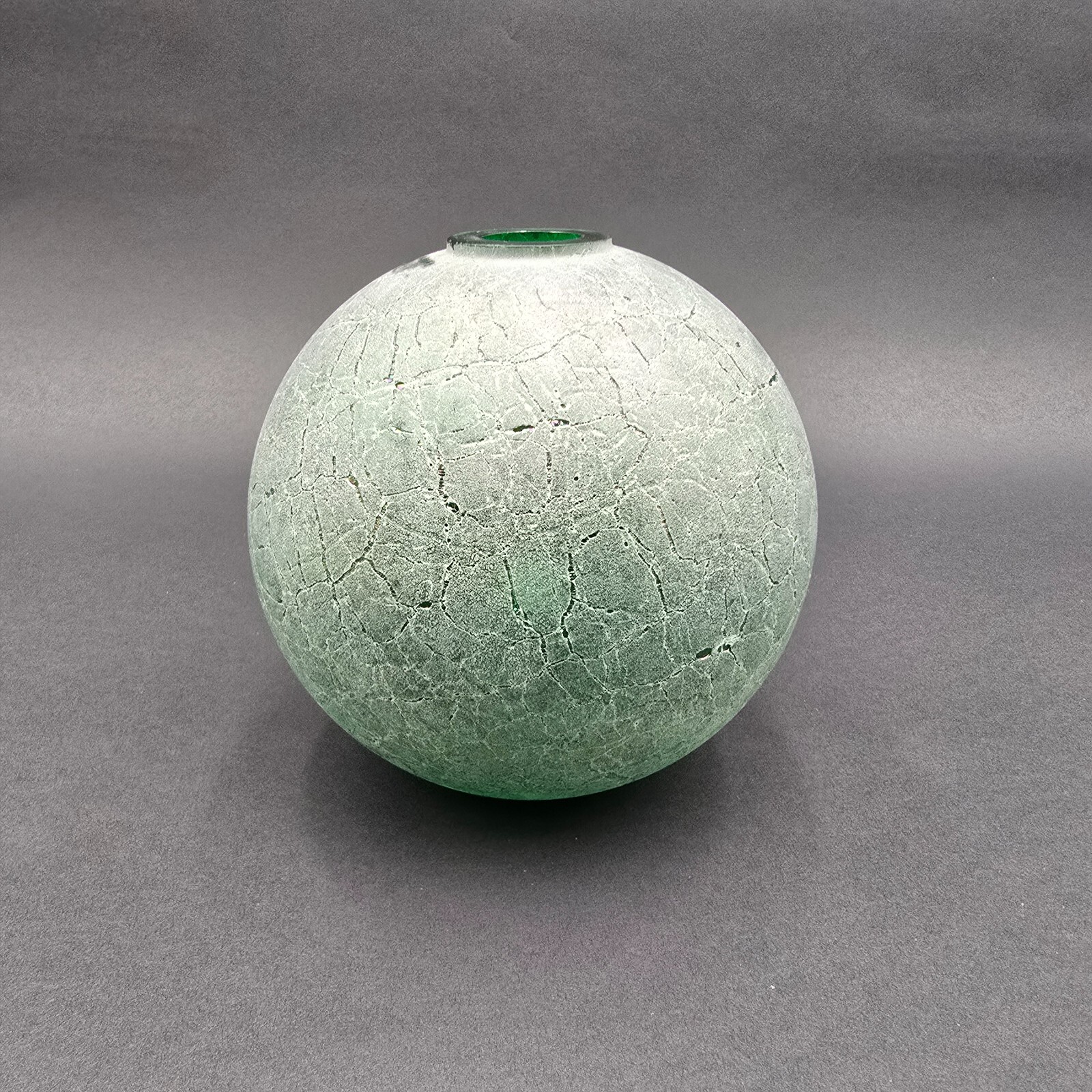 Silvestri Mouth Blown Green Orb Iridescent Crackled Art Glass Vase 6 inch Ball