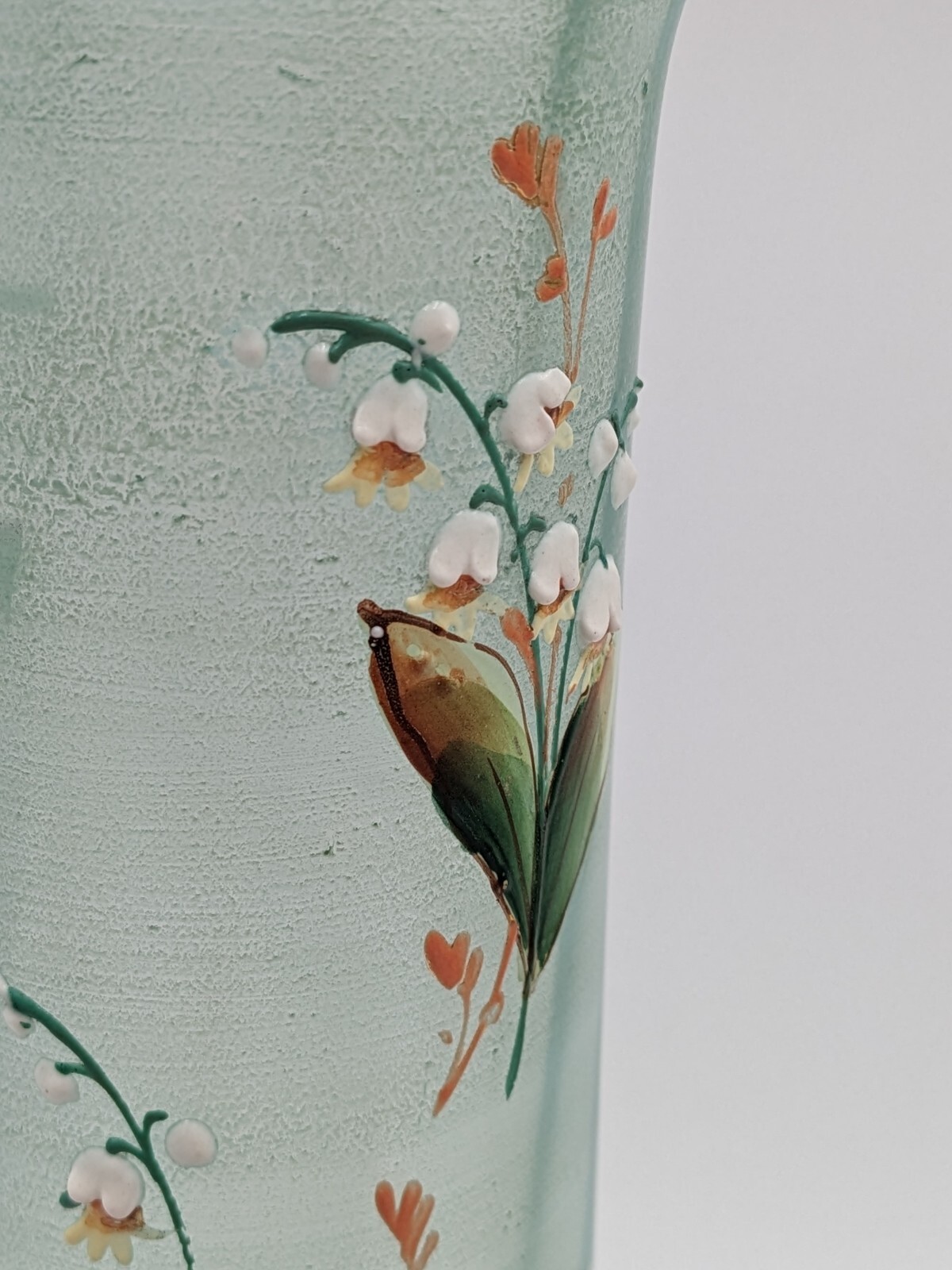 (2) Bohemia Satin Glass Enameled Hand Painted Lily of the Valley Vases 14″