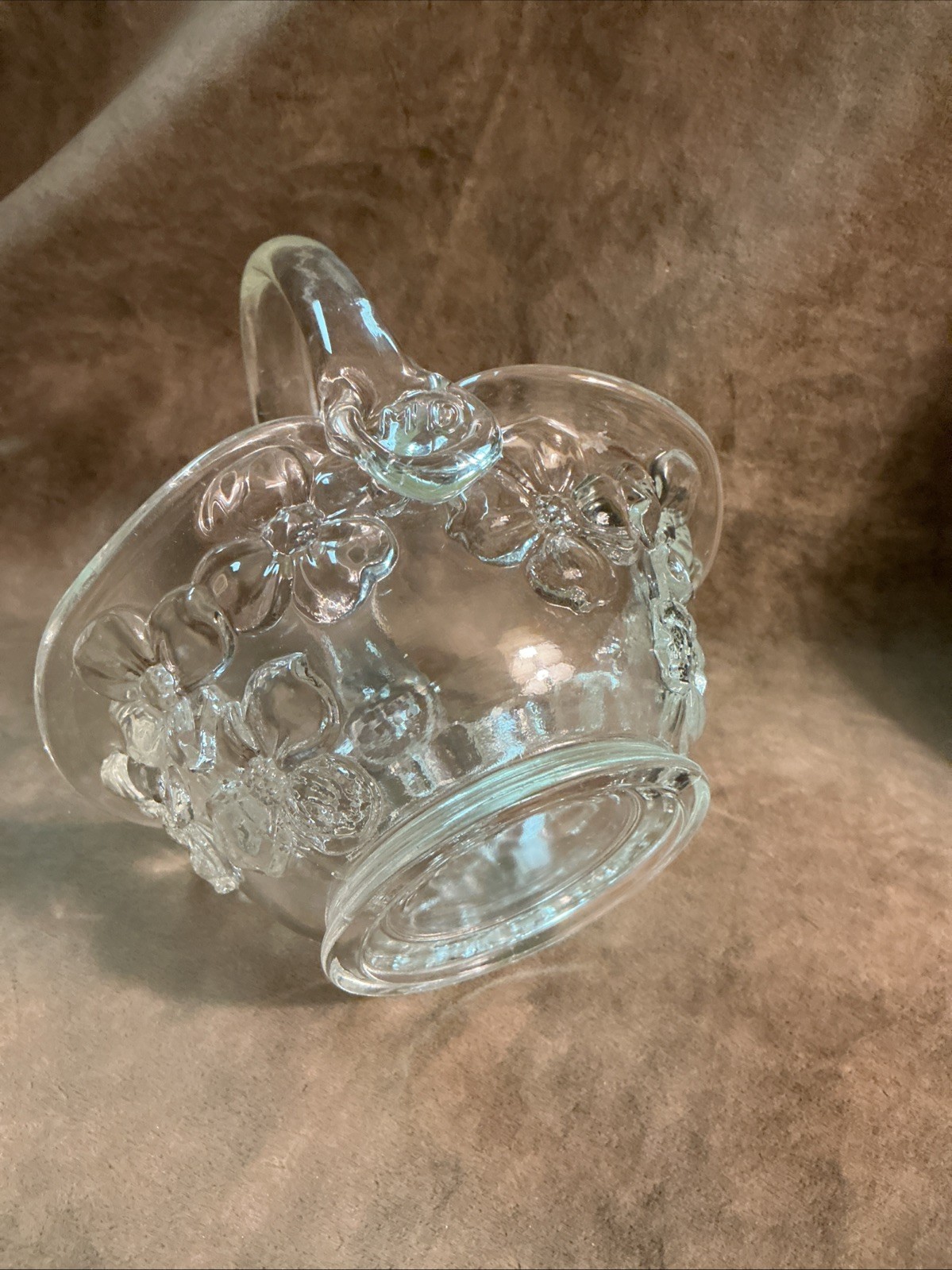 Indiana tiara glass products small Dogwood pattern basket vase signed MD clear