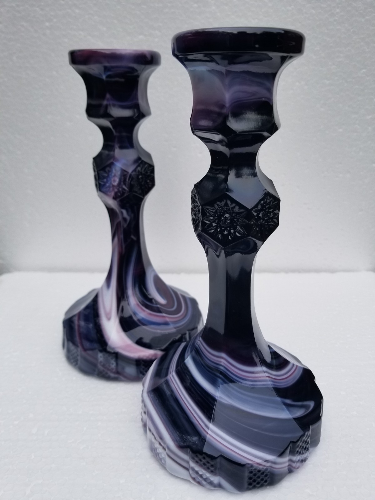 Vintage Imperial Purple White Slag Glass Candlesticks Set 2 Marble Swirled Art
