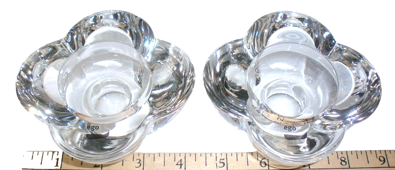 EGO Italian (2) Clear Glass Multi Purpose Candle Holders with Labels New!