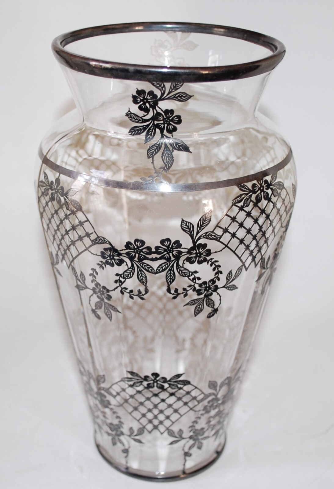 Elegant Glass Vase with Sterling Silver Overlay Trellis & Floral Decoration