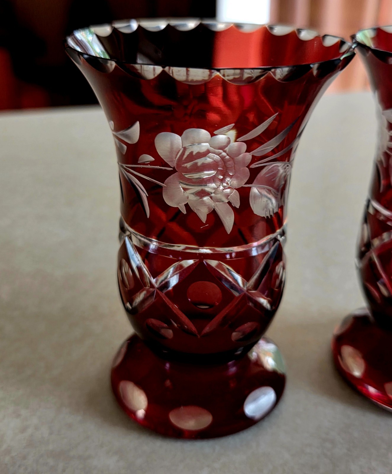 Vintage Bohemian Ruby Red Cut to Clear Crystal Bud Vases Hand Blown Egermann…