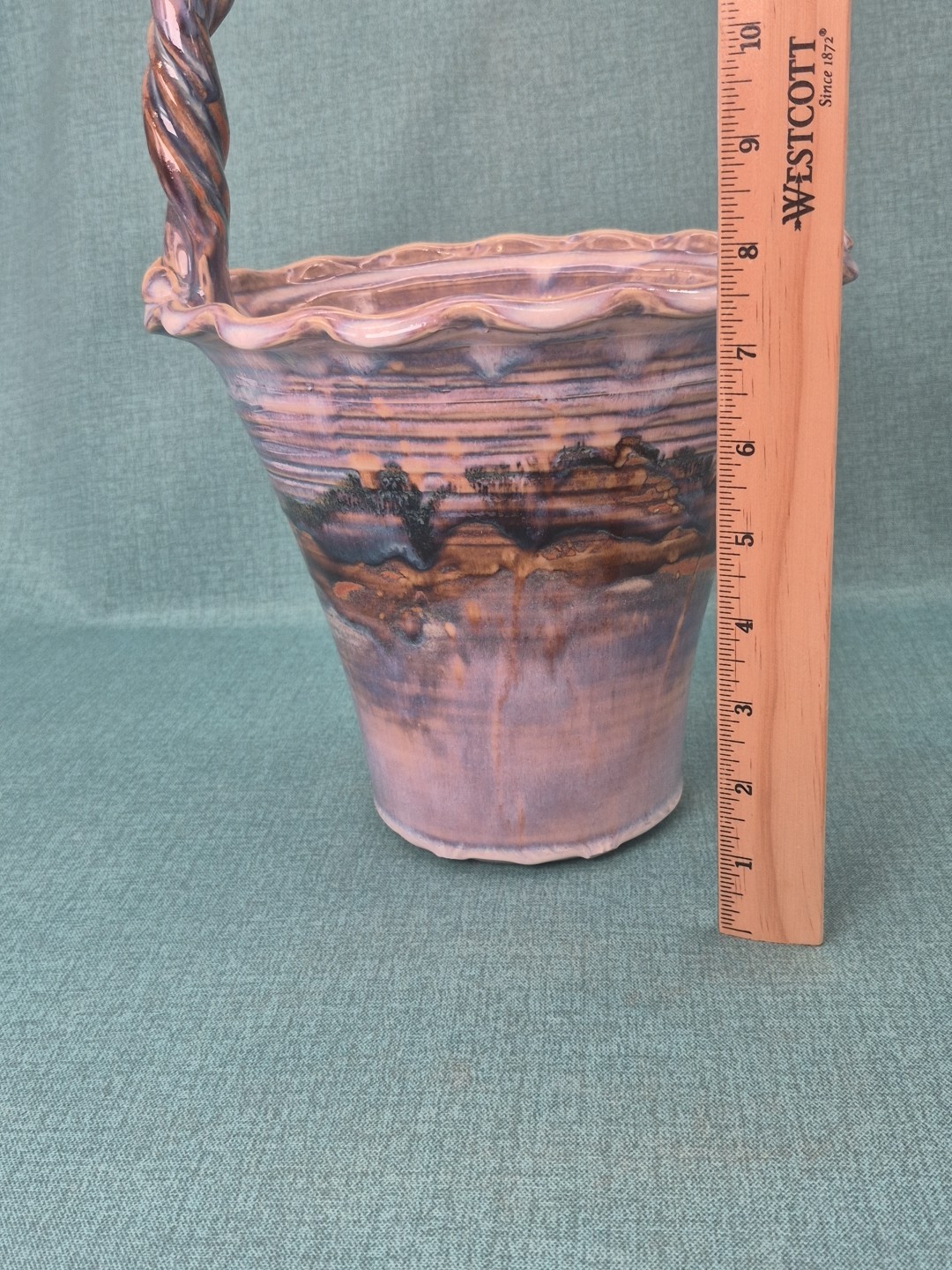 Signed Glazed Studio Art Pottery Basket ~ Rich Blues and Browns ~ 14.5″ Tall