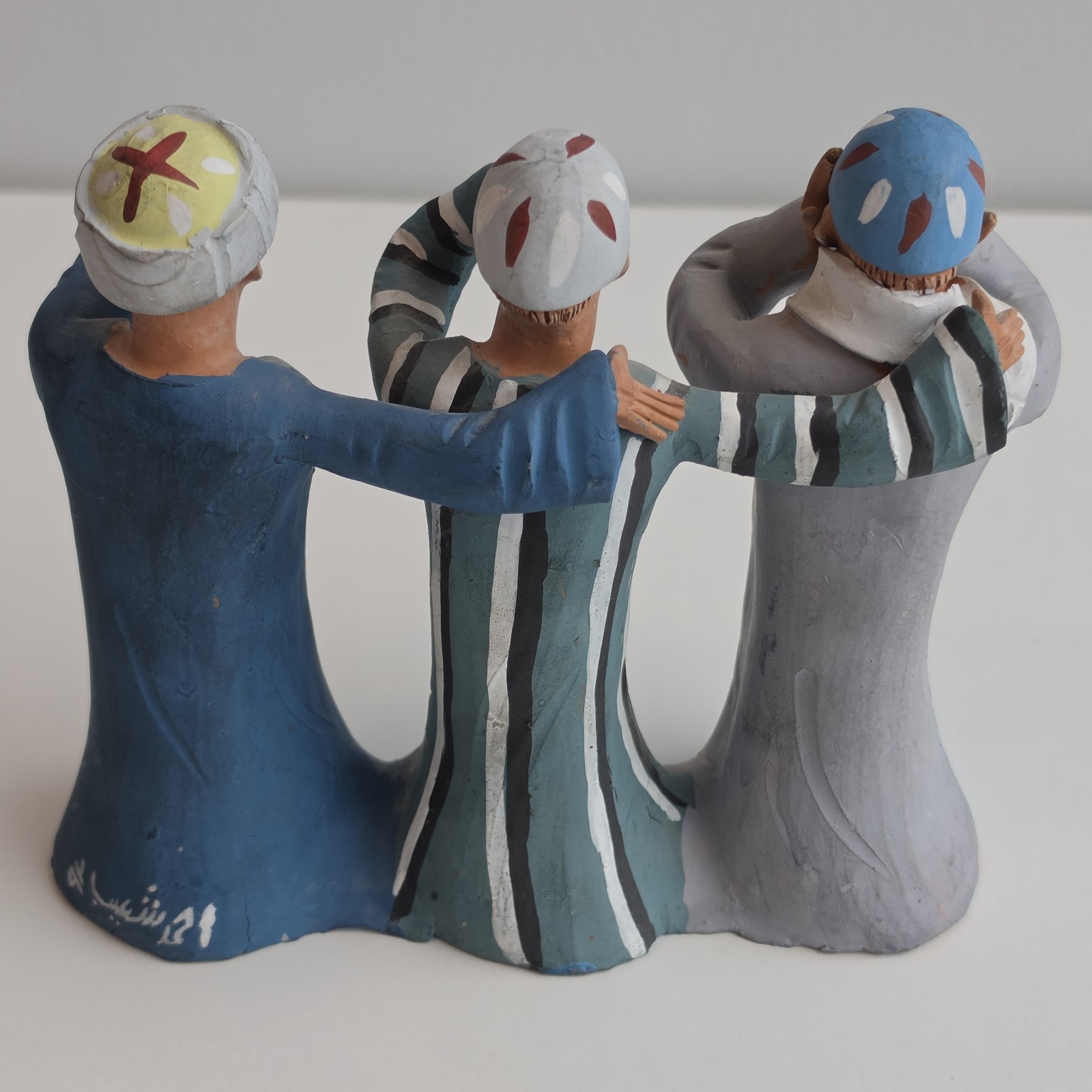 Signed Egyptian Terracotta Clay Wise Men Figures “Hear, See, Speak No Evil”