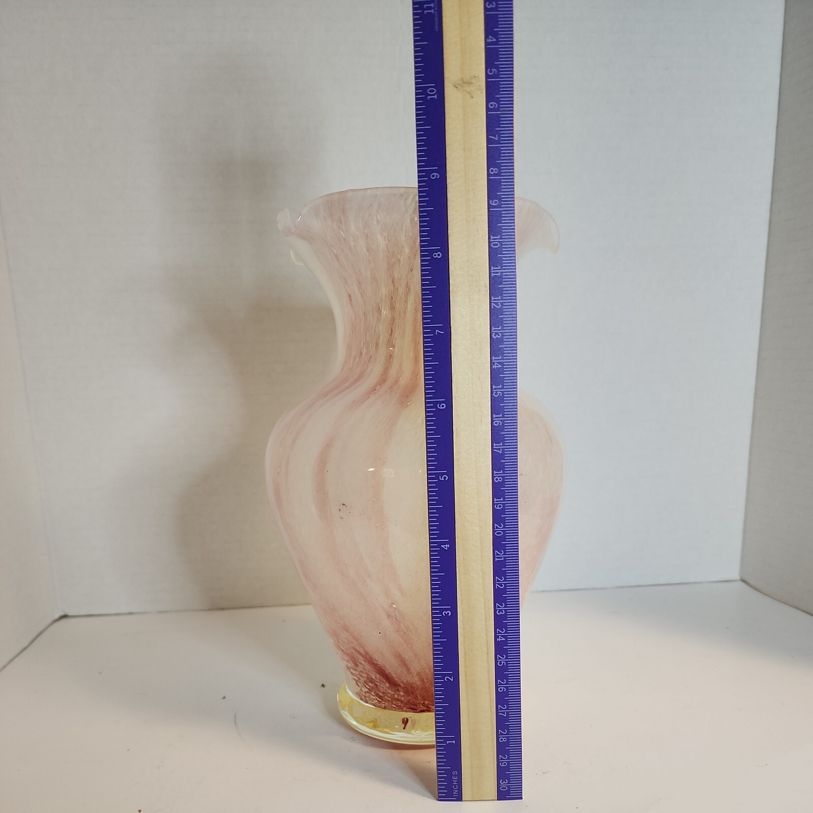Crystal Clear Italian Glass Vase Pink, Yellow, White Swirl Hand Blown Ruffle Top