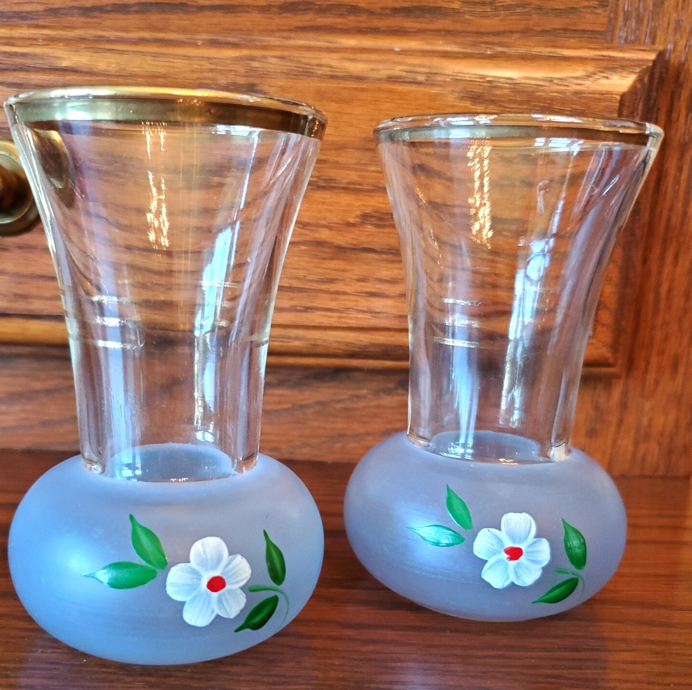 VASES GOLD RIM Hand Painted Vintage 1970s Glass OOAK 4 inches Tall by 2.5 Wide