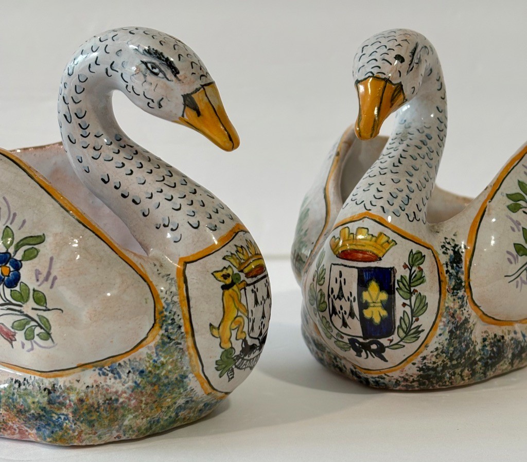 Antique Pair Malicorne Faience Swan Cachepots LD Leroy Dubois French Pottery