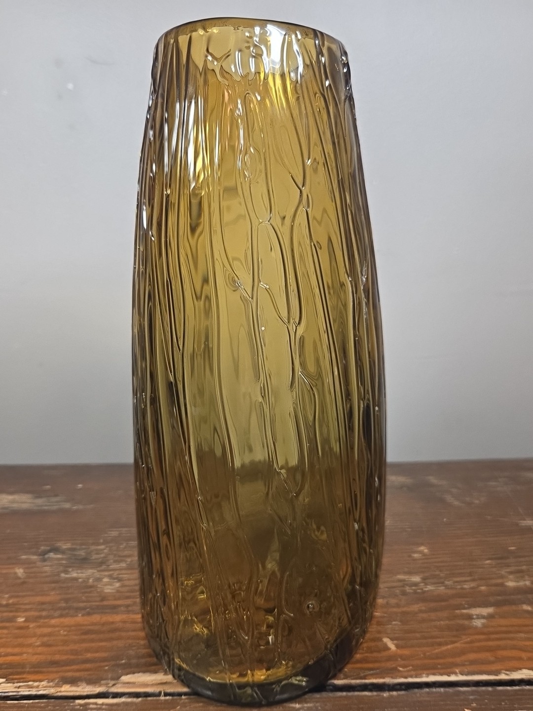 Vintage Empoli Amber Glass Vase Embossed Wax Drip Design Flat Oval Skirt Shape