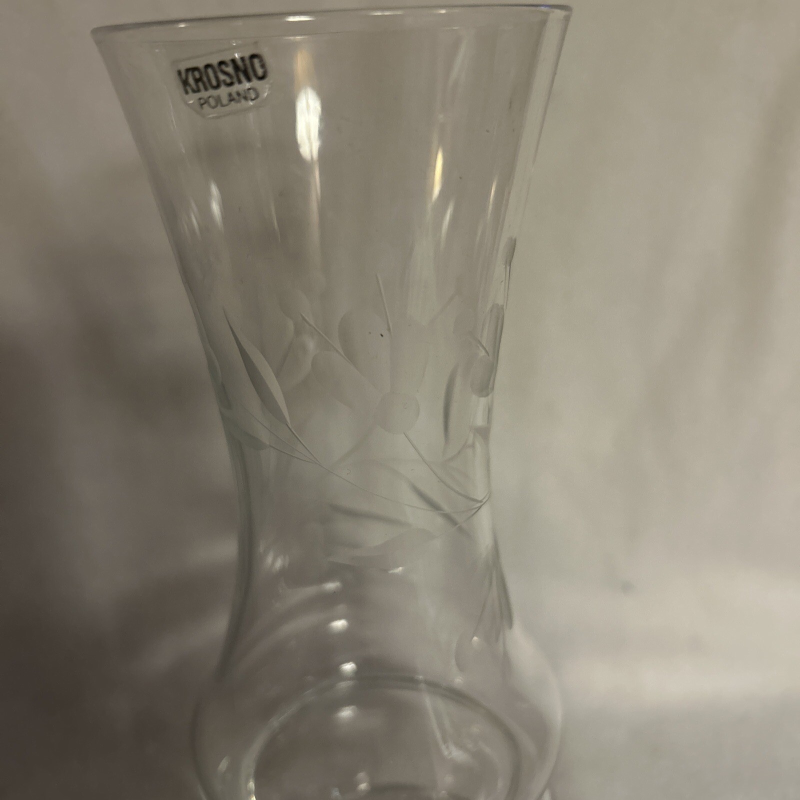 Krosno Poland Clear Flower Etched Glass Vase InDent Design Original Seal