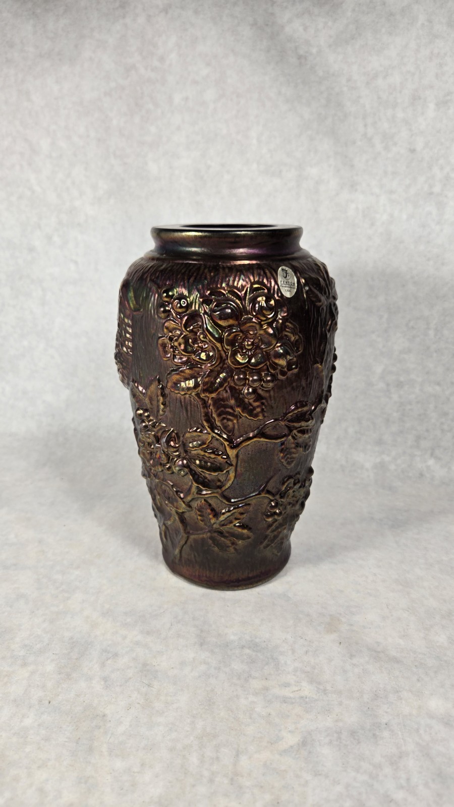 Fenton Peacock Garden Auburgine Marigold Carnival Glass Vase 10″ GORGEOUS