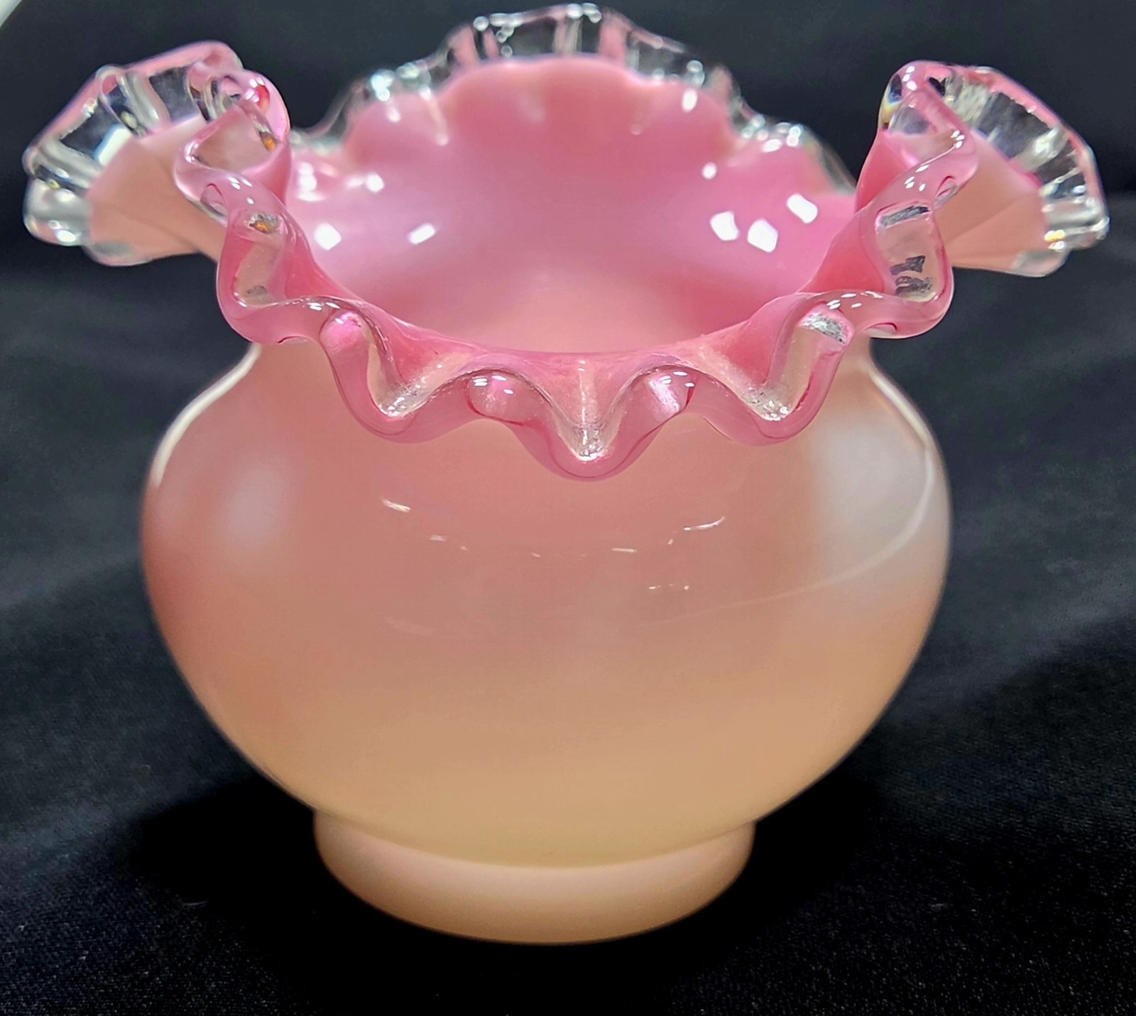 Vintage Fenton Art Glass Peach Crest Vase, Milk Glass Pink Ruffled Rim. 5 Inch