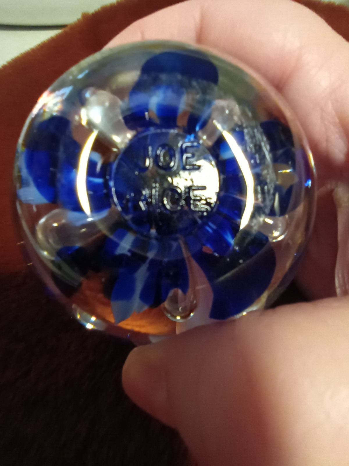 Vintage Joe St. Clair Clear and Blue Domed Paperweight Blue Trumpet Flowers 3.5″