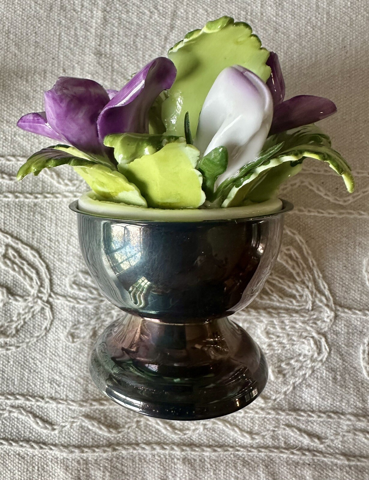 VTG Radnor Staffordshire England Bone China Purple Flowers In Silver plate Urn